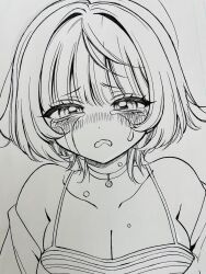 1girl akiyama_enma armpit_crease blush breasts camisole choker cleavage crying crying_with_eyes_open greyscale hair_intakes highres large_breasts lineart looking_at_viewer monochrome nib_pen_(medium) noa-senpai_wa_tomodachi. nose_blush off_shoulder parted_lips pen_(medium) photo_(medium) saotome_noa short_hair simple_background solo tears traditional_media upper_body white_background