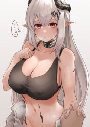 Rule 34 | 1girl, absurdres, arknights, bare shoulders, commentary request, crop top, grey background, groin, highres, holding hands, horns, long hair, looking at viewer, material growth, midriff, mudrock (arknights), mudrock (elite ii) (arknights), navel, oripathy lesion (arknights), pointy ears, pov, red eyes, silver hair, simple background, smile, solo focus, sports bra, srn ana, stomach, upper body