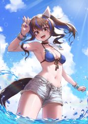Rule 34 | 1girl, :d, absurdres, animal ears, armpits, bead bracelet, beads, bikini, bikini top only, blue bikini, blue hair, blue sky, blush, bracelet, brown eyes, brown hair, cloud, daitaku helios (umamusume), day, ear covers, facial tattoo, fingernails, hair between eyes, hair ornament, hairclip, highres, horse ears, horse girl, horse tail, jewelry, kokukyukeo, looking at viewer, multicolored hair, nail polish, navel, necklace, open mouth, outdoors, partially submerged, ponytail, purple nails, shorts, sky, smile, solo, standing, star (symbol), star hair ornament, sunlight, swimsuit, tail, tattoo, teeth, thighs, two-tone hair, umamusume, upper teeth only, v, water, white shorts