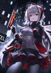Rule 34 | 1girl, absurdres, ahoge, antennae, arknights, black gloves, black jacket, black scarf, black skirt, breasts, city, cityscape, commentary, cowboy shot, fall (aki), fingerless gloves, gloves, grey shirt, gun, hand up, highres, horns, index finger raised, jacket, light particles, long hair, long sleeves, looking at viewer, medium breasts, miniskirt, nail polish, night, night sky, open clothes, open jacket, orange eyes, outdoors, pantyhose, pleated skirt, red nails, scarf, shirt, sidelocks, silver hair, skirt, sky, solo, standing, thighband pantyhose, thighs, w (arknights), weapon