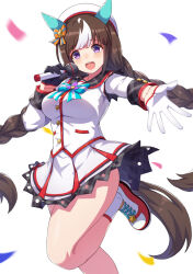 Rule 34 | 1girl, animal ears, asymmetrical gloves, black gloves, braid, breasts, brown hair, gloves, hair ribbon, half gloves, hat, hokko tarumae (umamusume), holding, holding microphone, horse ears, horse girl, horse tail, long hair, low twin braids, medium breasts, microphone, miniskirt, mismatched gloves, multicolored hair, open mouth, outstretched arm, purple eyes, ribbon, sailor collar, shirt, simple background, skirt, smile, socks, solo, standing, standing on one leg, streaked hair, tail, teeth, thighs, twin braids, umamusume, upper teeth only, very long hair, vococo, white gloves, white hat, white shirt, white skirt, white socks