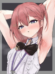 Rule 34 | 1girl, armpits, arms behind head, asta (honkai: star rail), black bow, black bowtie, blue eyes, blush, border, bow, bowtie, breasts, center frills, dot nose, frilled shirt, frills, grey background, grey border, hair between eyes, heart, heart-shaped pupils, highres, honkai: star rail, honkai (series), id card, lanyard, long hair, looking at viewer, nike55, open mouth, outside border, red hair, shirt, sidelocks, simple background, sleeveless, sleeveless shirt, small breasts, solo, symbol-shaped pupils, upper body, white shirt