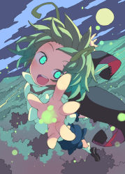 Rule 34 | 1girl, :d, antennae, blurry, blush, cape, depth of field, flying, full moon, green eyes, green hair, landscape, light particles, long sleeves, looking at viewer, matching hair/eyes, moon, morino hon, nature, night, open mouth, outstretched arms, pants, reaching, shirt, shoes, short hair, sky, smile, socks, solo, touhou, tree, vest, white socks, wriggle nightbug