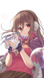Rule 34 | 1girl, black gloves, breasts, brown hair, brown skirt, cape, cleavage, commentary request, earmuffs, fur-trimmed gloves, fur trim, gloves, hair between eyes, hands up, high collar, highres, holding, kamome yuu, looking at viewer, medium breasts, nail polish, original, parted lips, pink nails, pleated skirt, purple cape, red eyes, red shirt, shirt, simple background, skirt, solo, white background