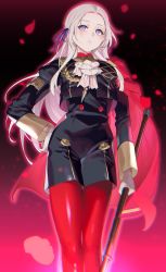 Rule 34 | 1girl, absurdres, cape, closed mouth, commentary, edelgard von hresvelg, eyelashes, falling petals, fire emblem, fire emblem: three houses, garreg mach monastery uniform, gloves, hair ribbon, hand on own hip, highres, holding, holding weapon, long hair, long sleeves, mameojitan, nintendo, pantyhose, petals, purple eyes, purple ribbon, red cape, red pantyhose, ribbon, simple background, solo, weapon, white gloves, white hair