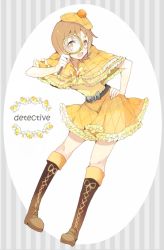 Rule 34 | 10s, 1girl, aka ek0, bad id, bad pixiv id, belt, beret, black bow, boots, bow, brooch, brown eyes, brown hair, buckle, buttons, capelet, cross-laced footwear, detective, dress, english text, erilc0, eyelashes, frilled dress, frills, full body, gem, hand on own hip, happinesscharge precure!, happy, hat, heart, jewelry, knee boots, kneehighs, looking at viewer, oomori yuuko, open mouth, precure, ribbon, short hair, short sleeves, smile, socks, solo, standing, yellow dress
