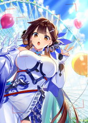 Rule 34 | 1girl, absurdres, balloon, bare shoulders, blue sky, breasts, brown eyes, brown hair, china dress, chinese clothes, chinese commentary, cloud, commentary, commentary request, dress, fingerless gloves, gloves, hair ornament, highres, honkai (series), honkai impact 3rd, large breasts, li sushang, li sushang (jade knight), long hair, looking at viewer, murakami yuichi, open mouth, outdoors, second-party source, sky, solo, v, white dress, white gloves