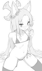 Rule 34 | 1girl, absurdres, animal ear fluff, animal ears, arm support, armpit crease, bare shoulders, bikini, blue archive, cameltoe, closed mouth, collarbone, cross halo, flower, flower wreath, forehead, fox ears, greyscale, hair flower, hair ornament, halo, highres, kkkweenie, long hair, looking at viewer, micro bikini, monochrome, navel, parted bangs, seia (blue archive), side-tie bikini bottom, simple background, sitting, sketch, solo, stomach, swimsuit, thighhighs, untied bikini, untied bikini bottom, v-shaped eyebrows, very long hair, white background