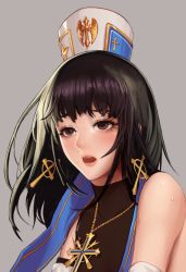 Rule 34 | 00s, 1girl, bad id, bad pixiv id, bare shoulders, black eyes, black hair, blush, collarbone, commentary, cross, cross earrings, cross necklace, dungeon and fighter, earrings, female crusader (dungeon and fighter), female priest (dungeon and fighter), hat, jewelry, looking away, monaim, necklace, open mouth, portrait, solo, sweat, teeth
