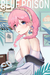 Rule 34 | 1girl, :p, absurdres, arknights, bare shoulders, blue eyes, blue poison (arknights), blue poison (shoal beat) (arknights), braid, breasts, camisole, character name, commentary request, doughnut, earrings, food, hairband, highres, jacket, jewelry, looking at viewer, medium breasts, medium hair, nail polish, off shoulder, official alternate costume, pink hair, pink nails, smile, solo, spaghetti strap, sports bra, tongue, tongue out, twin braids, upper body, white jacket, xiaoyu chiaki
