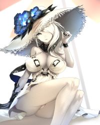 Rule 34 | 10s, 1girl, abstract background, abyssal ship, arm support, ass, black gloves, blue eyes, breasts, cleavage, colored skin, dress, flower, gloves, hair over one eye, hat, hat flower, highres, kantai collection, large breasts, legs, limeblock, long hair, looking at viewer, no panties, parted lips, seaport summer princess, sitting, solo, sun hat, swept bangs, thighs, upskirt, white dress, white hair, white hat, white skin