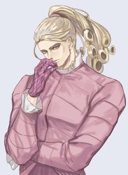 Rule 34 | 1boy, blonde hair, blue eyes, coat, curly hair, funny valentine, gloves, hand to own mouth, jojo no kimyou na bouken, long hair, looking at viewer, male focus, padded coat, ponytail, puffy jacket, solo, steel ball run, yepnean