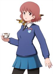 Rule 34 | 1girl, :o, black necktie, black pantyhose, blue skirt, blue sweater, brown eyes, brown hair, commentary, cowboy shot, cup, dress shirt, earrings, emblem, girls und panzer, highres, holding, holding cup, jewelry, kaze no tani no nausicaa, long sleeves, looking at viewer, miniskirt, nausicaa, necktie, omachi (slabco), open mouth, pantyhose, pet, pleated skirt, school uniform, shirt, short hair, simple background, skirt, solo, st. gloriana&#039;s (emblem), st. gloriana&#039;s school uniform, standing, sweater, teacup, teto (nausicaa), v-neck, white background, white shirt, wing collar
