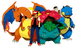 Rule 34 | 1990s (style), 1boy, bad id, bad pixiv id, baseball cap, blastoise, charizard, creatures (company), dragon, fingerless gloves, flame-tipped tail, game freak, gen 1 pokemon, gloves, goruti, hat, male focus, nintendo, pikachu, pokemon, pokemon (creature), pokemon rgby, red (pokemon), retro artstyle, starter pokemon trio, venusaur