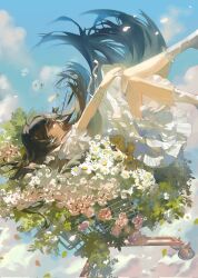 Rule 34 | 1girl, bandaged arm, bandages, black hair, cloud, falling, flower, glutton (18152740927lx), highres, in shopping cart, long hair, looking up, original, shopping cart, very long hair