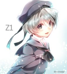 Rule 34 | 10s, 1girl, bad id, bad pixiv id, beret, blush, clothes writing, grey eyes, grey hair, hat, kantai collection, looking at viewer, neckerchief, open mouth, puuko (iberiko neko), short hair, smile, solo, twitter username, upper body, z1 leberecht maass (kancolle)