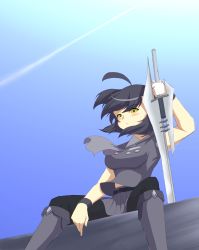 Rule 34 | 1girl, absurdres, armored core, armored core 4, black hair, breasts, female focus, from software, highres, orleans, outdoors, personification, shirt, sitting, sky, solo, sword, weapon, yellow eyes