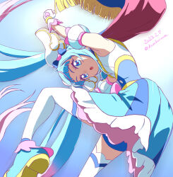 Rule 34 | 1girl, blue eyes, blue footwear, blue hair, blue skirt, commentary request, cure sky, dated, gloves, haruyama kazunori, highres, hirogaru sky! precure, looking at viewer, magical girl, open mouth, precure, shoes, skirt, solo, sora harewataru, thighhighs, twintails, twitter username, white gloves, white thighhighs