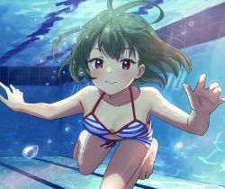 Rule 34 | 1girl, ahoge, air bubble, bare arms, bare legs, bare shoulders, barefoot, bikini, bikini shorts, blue bikini, blush, breasts, bubble, caustics, closed mouth, collarbone, commentary request, emu (emum), feet out of frame, fingernails, floating hair, foreshortening, freediving, green hair, halterneck, hands up, highres, holding breath, idolmaster, idolmaster million live!, indoors, light rays, looking at viewer, medium breasts, medium hair, nagayoshi subaru, navel, pool, purple eyes, shorts, solo, striped bikini, striped clothes, swimming, swimsuit, underwater, water