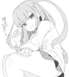 Rule 34 | 1girl, blush, character request, clothing request, copyright request, flamberge lo, gesture request, greyscale, holding shogi piece, looking at viewer, monochrome, shogi piece, sitting, skirt, smug, sweater, thighs, translation request, twintails, white background