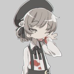 Rule 34 | 1girl, bow, bowtie, brown eyes, brown hair, flower, grey background, hair flower, hair ornament, hat, hatoba tsugu, hatoba tsugu, long sleeves, one eye closed, simple background, stained clothes, suspenders, tanaka ahiru, tongue, tongue out, upper body, virtual youtuber