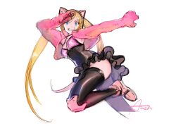 Rule 34 | 1girl, :d, animal ears, armpits, arms up, black thighhighs, blonde hair, blue eyes, breasts, cat ears, cleavage, dab (dance), dress, fake animal ears, frilled dress, frills, grin, highres, long hair, looking at viewer, lucky chloe, medium breasts, one eye closed, open mouth, pink footwear, salute, shrug (clothing), simple background, sketch, smile, solo, suvin (mononochi), teeth, tekken, tekken 7, thighhighs, twintails, v-shaped eyebrows, white background