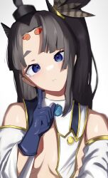 Rule 34 | 1girl, absurdres, black hair, blue eyes, blue gloves, breast curtains, breasts, closed mouth, commentary request, detached sleeves, fate/grand order, fate (series), feather hair ornament, feathers, gloves, hair ornament, hat, head tilt, highres, long hair, looking at viewer, medium breasts, parted bangs, revealing clothes, ronununn, side ponytail, simple background, solo, tate eboshi, ushiwakamaru (fate), white background, white sleeves