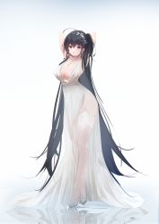 Rule 34 | 1girl, absurdres, arms behind head, azur lane, black hair, breasts, center opening, cleavage, dress, evening gown, full body, garter straps, hair ornament, halter dress, halterneck, high heels, highres, large breasts, long dress, long hair, looking at viewer, official alternate costume, purple eyes, reflection, satin dress, see-through, see-through dress, side slit, simple background, sleeveless, sleeveless dress, solo, taihou (azur lane), taihou (temptation on the sea breeze) (azur lane), thighhighs, usagi (786113654), very long hair, wedding dress, white background, white footwear, white thighhighs