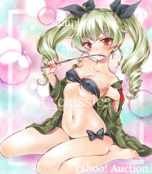 Rule 34 | 10s, 1girl, anchovy (girls und panzer), artist name, at classics, bare legs, bare shoulders, barefoot, bikini, black bikini, black bow, blush, bow, breasts, closed mouth, covered erect nipples, full body, girls und panzer, green hair, hair bow, holding, long hair, long sleeves, looking at viewer, navel, off shoulder, red eyes, riding crop, sample watermark, sitting, small breasts, smile, solo, stomach, swimsuit, tongue, tongue out, traditional media, twintails, watermark