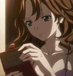 Rule 34 | 10s, anime screenshot, bra, breasts, brown hair, cleavage, guilty crown, highres, lipstick, makeup, mature female, ouma haruka, underwear