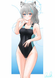 Rule 34 | 1girl, absurdres, animal ear fluff, animal ears, black one-piece swimsuit, blue archive, blue eyes, breasts, commentary request, competition swimsuit, covered navel, cowboy shot, cross hair ornament, extra ears, gradient background, grey hair, hair ornament, halo, highres, light smile, low ponytail, medium breasts, medium hair, mismatched pupils, multicolored clothes, multicolored swimsuit, one-piece swimsuit, shinano sana, shiroko (blue archive), shiroko (swimsuit) (blue archive), solo, standing, swimsuit