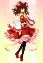 Rule 34 | 1girl, apple, bad apple!!, black thighhighs, bow, brown eyes, brown hair, detached sleeves, female focus, food, frills, fruit, full body, gathers, hair bow, hakurei reimu, japanese clothes, kurot, light particles, lolita fashion, mary janes, miko, ribbon, shoes, short hair, solo, thighhighs, touhou, wa lolita