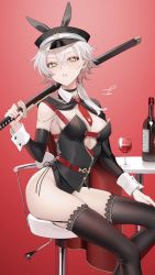 Rule 34 | 1girl, alcohol, azur lane, bad id, bad twitter id, bare shoulders, black cape, black headwear, black leotard, black thighhighs, bottle, breasts, cape, character request, cup, detached sleeves, drinking glass, hair between eyes, holding, leotard, looking at viewer, medium breasts, ohisashiburi, over shoulder, red cape, short hair, sitting, smile, solo, sword, thighhighs, two-tone cape, weapon, weapon over shoulder, wine, wine bottle, wine glass
