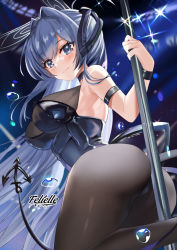 Rule 34 | 1girl, animal ears, artist name, ass, azur lane, between buttocks, blue eyes, blue hair, bodystocking, felielle, from behind, leotard, long hair, looking at viewer, new jersey (azur lane), new jersey (exhilarating steps!) (azur lane), official alternate costume, playboy bunny, pole, pole dancing, rabbit ears, solo, strapless, strapless leotard, stripper pole