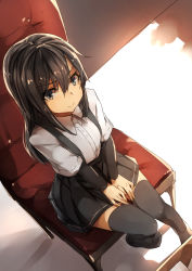 Rule 34 | 10s, 1girl, arm warmers, asashio (kancolle), black hair, black thighhighs, blue eyes, chair, from above, genyaky, hands on lap, highres, kantai collection, long hair, looking at viewer, no shoes, red upholstery, school uniform, shirt, sitting, skirt, solo, thighhighs, v arms, white shirt, zettai ryouiki