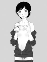 Rule 34 | androgynous, clothes lift, clothes pull, gender request, greyscale, monochrome, pants, pants pull, shinatose izana, shirt lift, short hair, sidonia no kishi, solo, spoilers, virtues