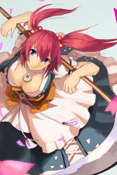Rule 34 | 1girl, akito, bob cut, breasts, cleavage, coin, dress, female focus, frills, from above, hair bobbles, hair ornament, jewelry, large breasts, necklace, onozuka komachi, petals, purple eyes, red hair, scythe, short hair, simple background, solo, touhou, twintails, two side up, wind