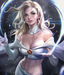 Rule 34 | 10s, 1girl, artist name, bare shoulders, blonde hair, breasts, cape, cleavage, emma frost, looking at viewer, marvel, midriff, navel, parted lips, sakimichan, solo, stomach, watermark, web address, x-men