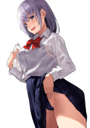 Rule 34 | 1girl, blue eyes, blue skirt, blush, bottle, breasts, clothes lift, collared shirt, dress shirt, grey hair, highleg, highleg swimsuit, highres, kekemotsu, long hair, long sleeves, looking at viewer, medium breasts, one-piece swimsuit, open mouth, original, pleated skirt, red neckwear, shirt, simple background, skirt, skirt lift, smile, swimsuit, swimsuit under clothes, thighs, water bottle, white background, white shirt