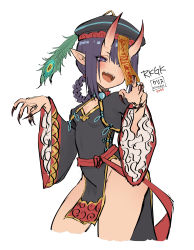 Rule 34 | 1girl, absurdres, black dress, blush, braid, breasts, china dress, chinese clothes, cleavage cutout, clothing cutout, dress, expulse, eyeliner, fangs, fate/grand order, fate (series), fingernails, hair rings, hat, heroic spirit festival outfit, highres, horns, jiangshi, long fingernails, long sleeves, looking at viewer, makeup, nail polish, ofuda, oni, open mouth, outstretched arms, peacock feathers, pelvic curtain, pointy ears, purple eyes, purple hair, qingdai guanmao, sash, sharp fingernails, short eyebrows, short hair, shuten douji (fate), shuten douji (festival outfit) (fate), side slit, simple background, skin-covered horns, small breasts, smile, solo, thighs, white background, wide sleeves, zombie pose