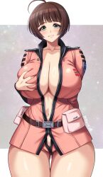 Rule 34 | 1girl, ahoge, aqua eyes, belt, belt buckle, belt pouch, blunt bangs, breasts, brown belt, brown hair, buckle, clothes writing, collarbone, commentary, commission, dated, deep skin, gluteal fold, grabbing own breast, harada makoto, highres, huge breasts, jacket, long sleeves, looking at viewer, micro shorts, navel, no bra, open clothes, open jacket, parted lips, pink jacket, pink shorts, pouch, short hair, shorts, skeb commission, smile, solo, thick thighs, thighs, uchuu senkan yamato, uniform, wide hips, yoohi