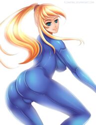 Rule 34 | 1girl, artist logo, ass, blonde hair, blue eyes, blue suit, breasts, covered erect nipples, female focus, flowerxl, formal, large breasts, long hair, looking at viewer, metroid, nintendo, red ribbon, ribbon, samus aran, simple background, smile, solo, suit, thighs, video game character, watermark, web address, white background, zero suit