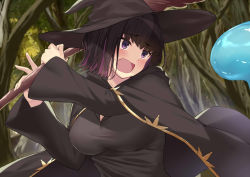 Rule 34 | 1girl, battle, black cape, black dress, black hair, black hat, blush, breasts, cape, cccpo, day, dress, hat, holding, holding staff, large breasts, long sleeves, multicolored hair, open mouth, original, outdoors, paid reward available, purple eyes, purple hair, short hair, slime (creature), solo, staff, tree, two-tone hair, upper body, witch, witch hat