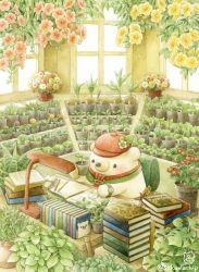 Rule 34 | artist name, bear, blush, book, book stack, chair, day, desk lamp, flower, hanging plant, highres, indoors, lamp, looking away, no humans, original, plant, polar bear, potted plant, scenery, signature, sitting, st.kuma, twitter username, window