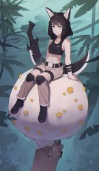 Rule 34 | 1boy, 1girl, animal ears, arm support, armband, bad id, bad pixiv id, bare shoulders, belt, black hair, black tank top, boots, breasts, commentary request, dark-skinned male, dark skin, earrings, facial hair, forest, highres, jewelry, kamameshi gougoumaru, leaning back, looking to the side, midriff, mustache, nature, navel, original, pants, scimitar, short hair, sitting, sitting on head, sitting on person, small breasts, surreal, sword, tank top, weapon, what