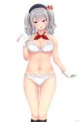 Rule 34 | 10s, 1girl, artist name, blush, bra, breasts, cleavage, gloves, gluteal fold, hair between eyes, hand on own chest, hand up, highres, kantai collection, kashima (kancolle), lace, lace-trimmed bra, lace-trimmed panties, lace trim, large breasts, looking to the side, navel, neckerchief, open mouth, panties, purple eyes, signature, silver hair, simple background, solo, standing, twintails, underwear, underwear only, wavy hair, white background, white bra, white gloves, white panties, yurashima
