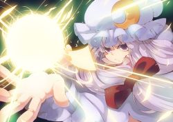 1girl bad_id bad_pixiv_id card colored_eyelashes crescent crescent_moon eyelashes female_focus foreshortening fuurin_(omaemona) glowing hair_ribbon hat holding holding_card magic moon patchouli_knowledge ribbon smile solo touhou