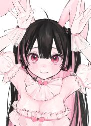 Rule 34 | 1girl, black hair, blush, breasts, cleavage, detached sleeves, dress, gloves, headset, highres, iq033, long hair, looking at viewer, medium breasts, multicolored hair, original, pink eyes, pink hair, puffy detached sleeves, puffy sleeves, rabbit pose, simple background, smile, solo, two-tone hair, upper body, white background, white gloves