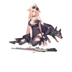 Rule 34 | 1girl, ahoge, alternate costume, animal, automatic rifle, aviator sunglasses, blonde hair, blush, breasts, browning automatic rifle, choker, cleavage, covering privates, covering breasts, dobermann, dog, dress, formal, full body, girls&#039; frontline, gloves, green eyes, gun, high heels, jewelry, large breasts, light machine gun, long hair, looking at viewer, low-tied long hair, m1918 (girls&#039; frontline), m1918 (tender nocturne) (girls&#039; frontline), m1918 bar, machine gun, necklace, official alternate costume, official art, sitting, squad automatic weapon, suisai (suisao), sunglasses, sunglasses on head, thighhighs, torn clothes, torn dress, torn legwear, transparent background, very long hair, weapon