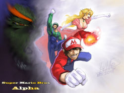 Rule 34 | 1girl, 2boys, black hair, blonde hair, bowser, breasts, capcom, cleavage, clenched hand, crown, dress, elbow gloves, fire, gloves, grin, hat, jewelry, king koopa, luigi, manly, mario, mario (series), monster, multiple boys, muscular, necklace, nintendo, parody, princess, princess peach, punching, red eyes, sharp teeth, smile, street fighter, street fighter zero (series), super mario bros. 1, suspenders, teeth